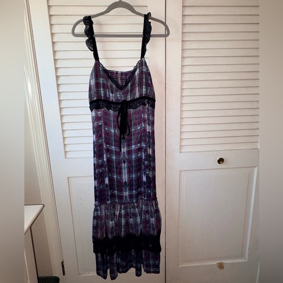 Anthropologie Purple Plaid Lace Trim Midi Dress Medium V Neck Tiered Boho - Picture 3 of 6